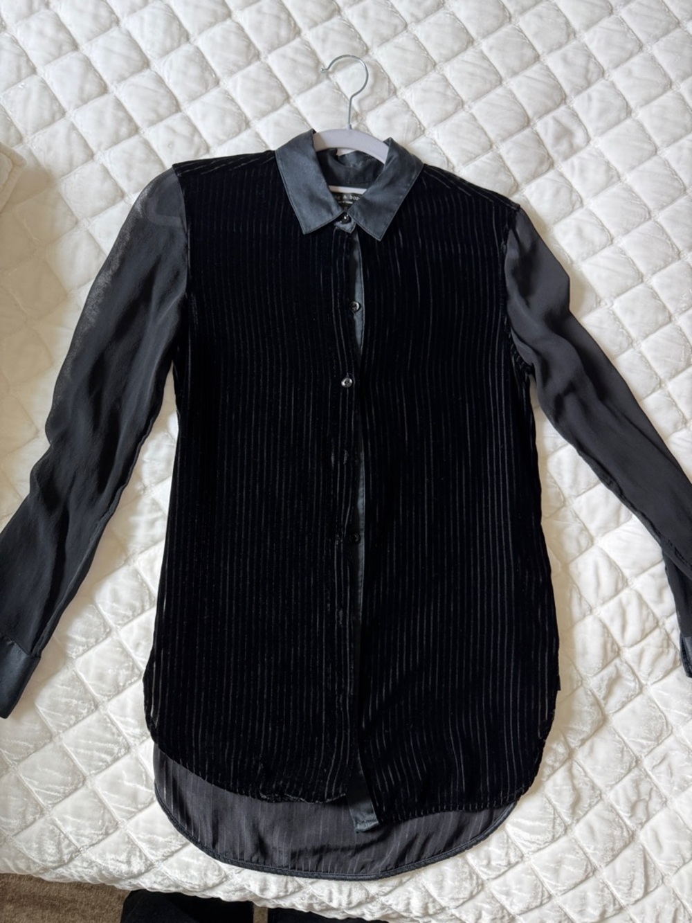 rag & bone Black Velvet Front Blouse with Sheer Sleeves